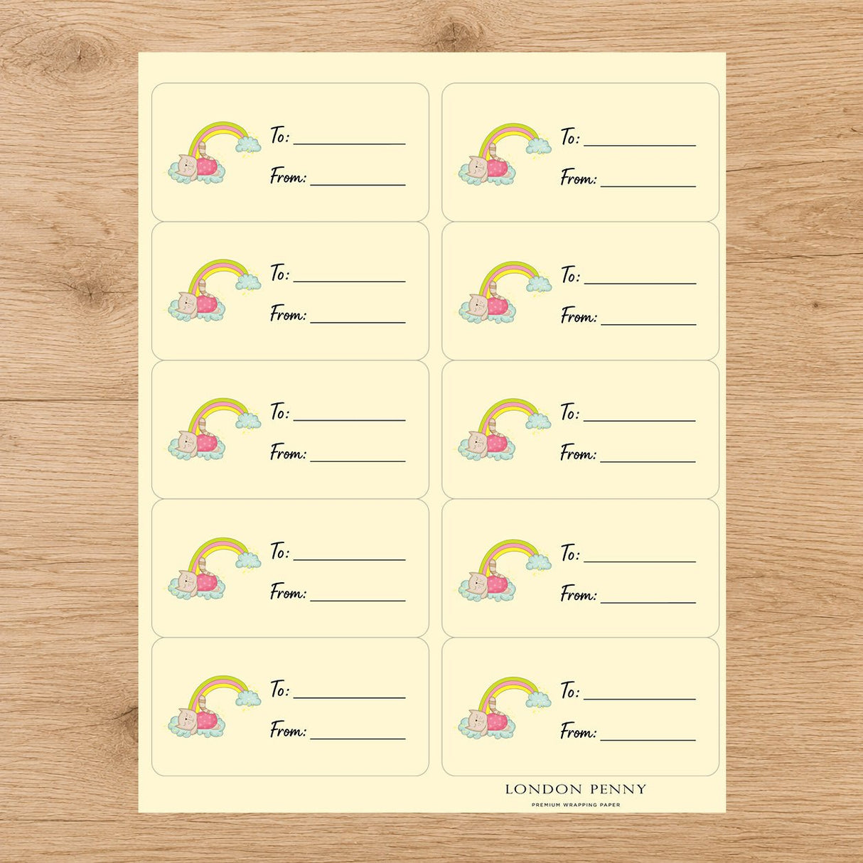 Rainbow Cat Nap Gift Tag Sticker Sheet - London Penny Gift Wrap