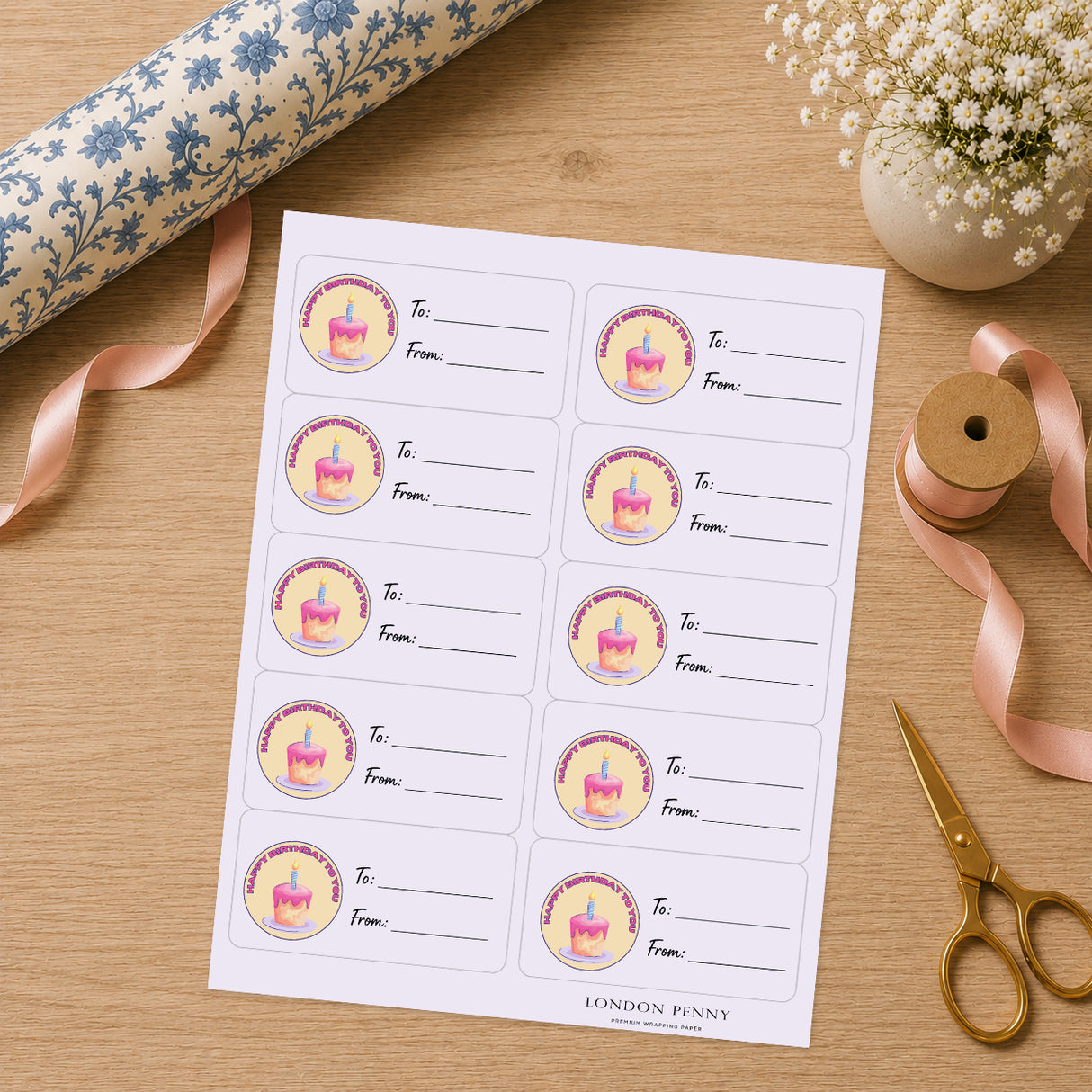 Retro Birthday Cake Gift Tag Sticker Sheet
