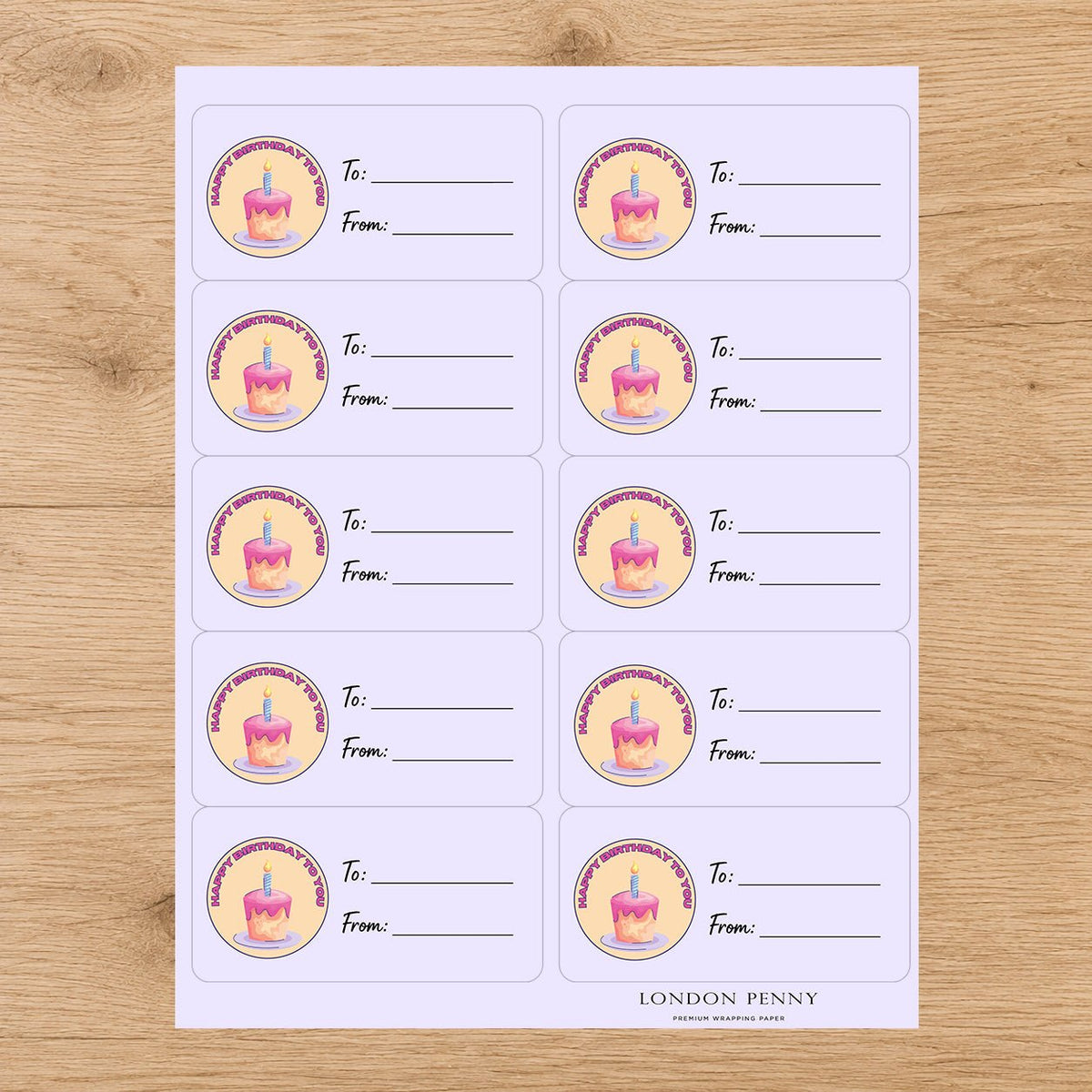 Retro Birthday Cake Gift Tag Sticker Sheet - London Penny Gift Wrap