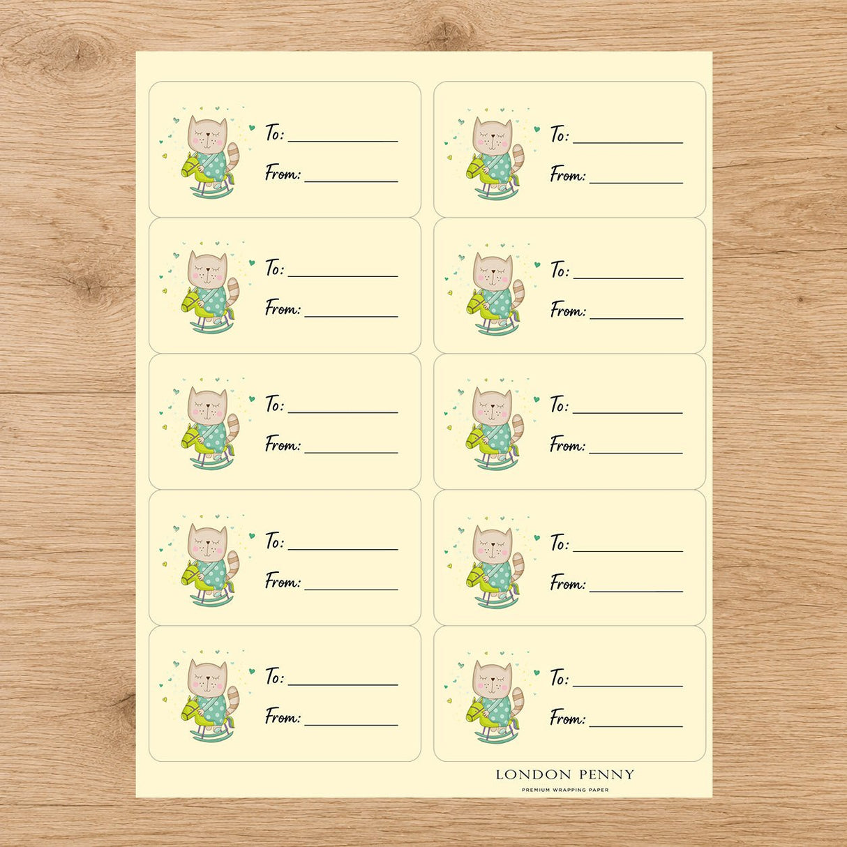 Rock-a-Bye Kitty Gift Tag Sticker Sheet - London Penny Gift Wrap