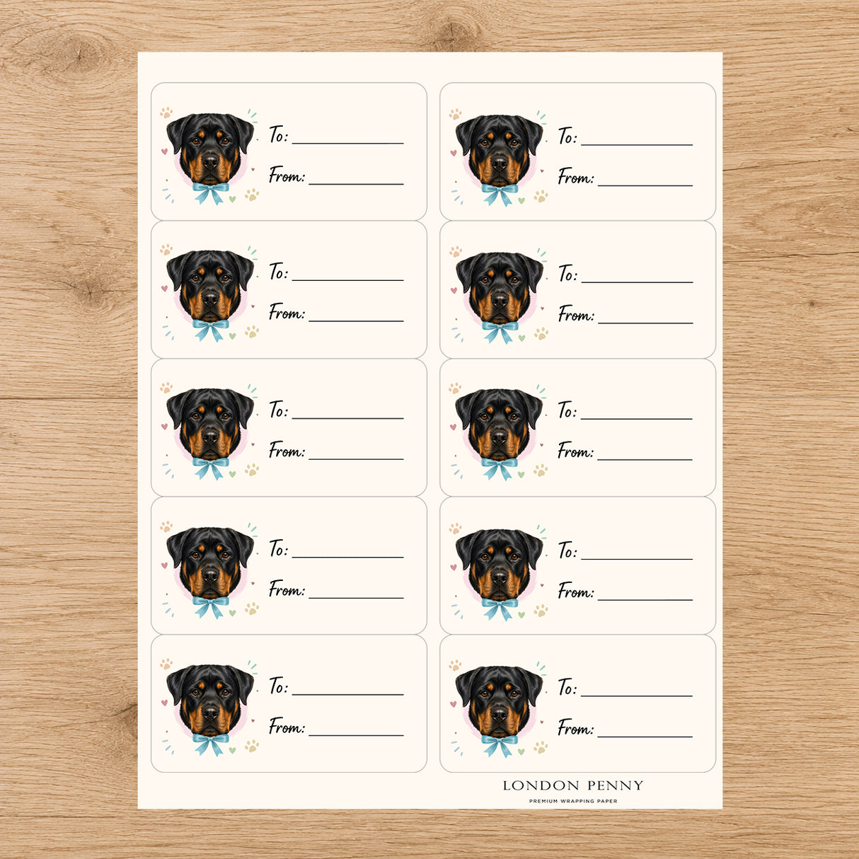 Rottweiler Paws & Bows Gift Tag Sticker Sheet