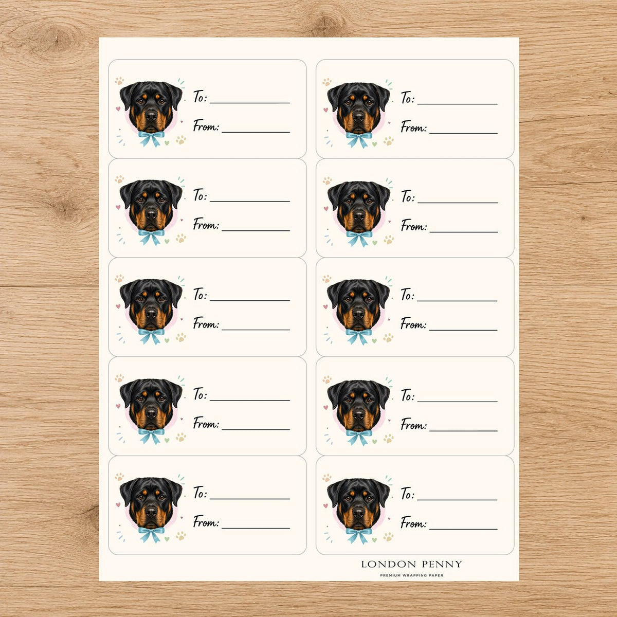 Rottweiler Paws & Bows Gift Tag Sticker Sheet - London Penny Gift Wrap