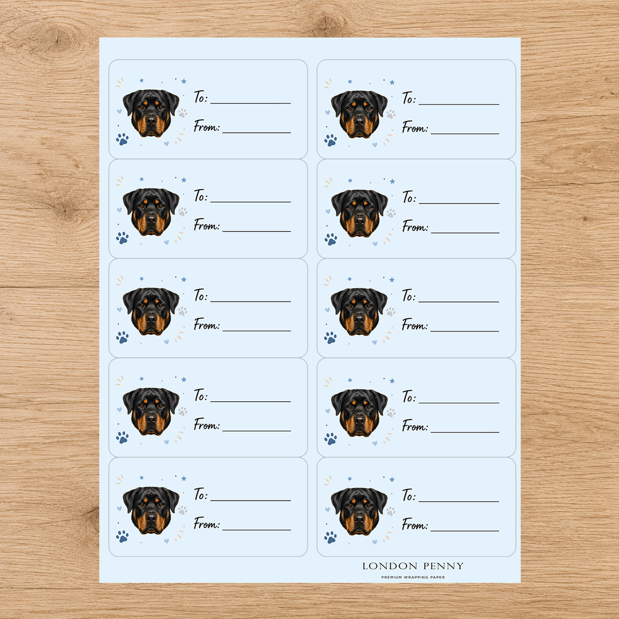Rottweiler Pawprint Wishes Gift Tag Sticker Sheet