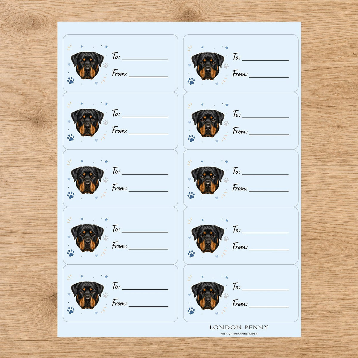 Rottweiler Pawprint Wishes Gift Tag Sticker Sheet - London Penny Gift Wrap