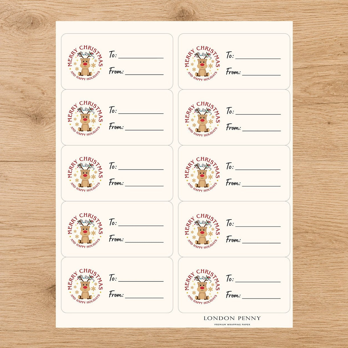 Rudolph's Merry Christmas Gift Tag Sticker Sheet - London Penny Gift Wrap