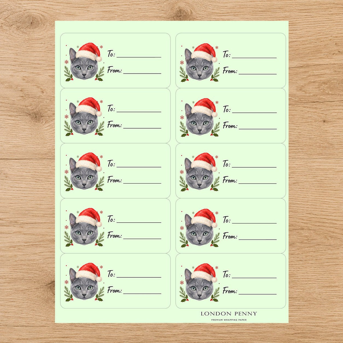 Russian Blue Santa Paws Gift Tag Sticker Sheet - London Penny Gift Wrap