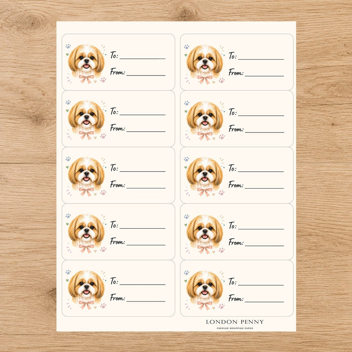 Shih Tzu Paws & Bows Gift Tag Sticker Sheet - London Penny Gift Wrap