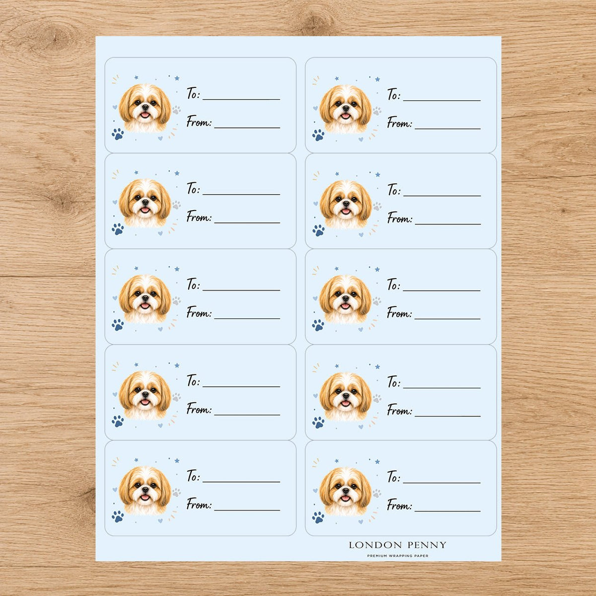 Shih Tzu Pawprint Wishes Gift Tag Sticker Sheet - London Penny Gift Wrap