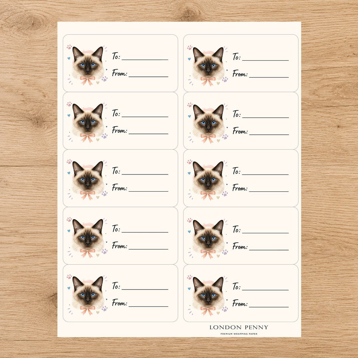 Siamese Purrfectly Yours Gift Tag Sticker Sheet - London Penny Gift Wrap