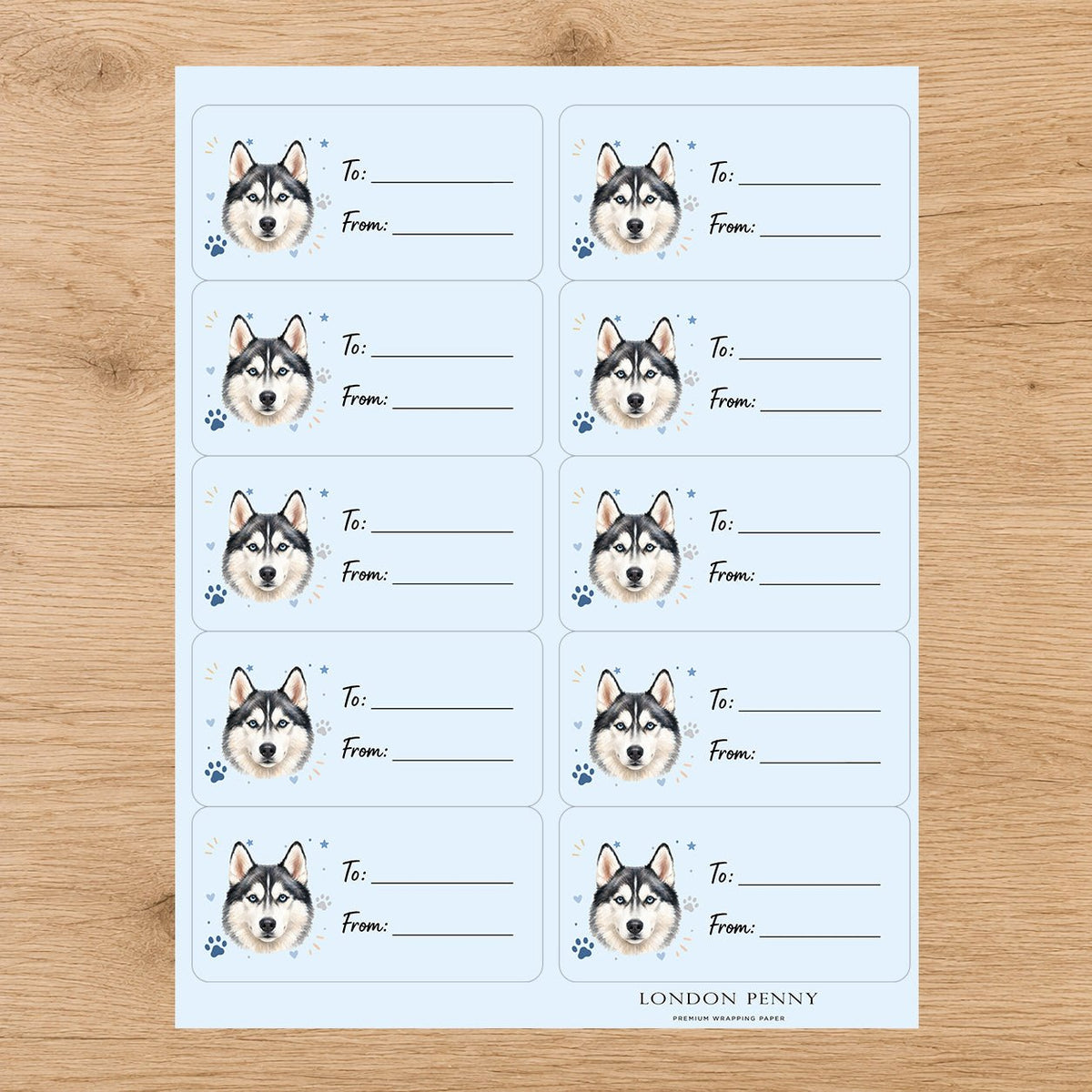 Siberian Husky Pawprint Wishes Gift Tag Sticker Sheet - London Penny Gift Wrap