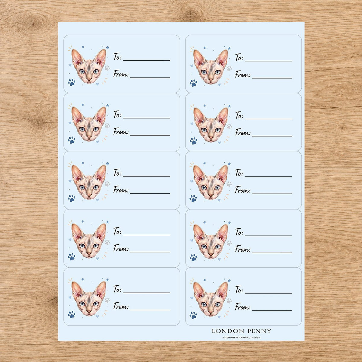 Sphynx Pawprint Wishes Gift Tag Sticker Sheet - London Penny Gift Wrap