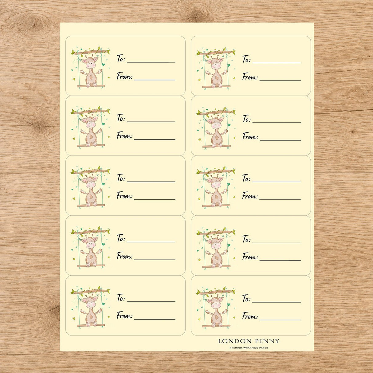 Swinging Little Giraffe Gift Tag Sticker Sheet - London Penny Gift Wrap