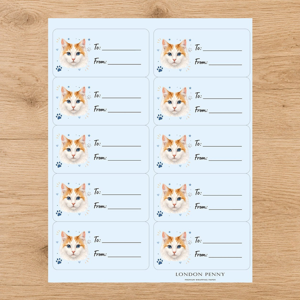 Turkish Van Pawprint Wishes Gift Tag Sticker Sheet - London Penny Gift Wrap