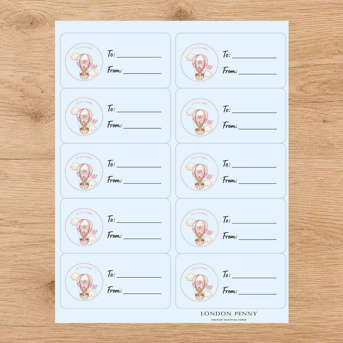 Up, Up & Away Baby Girl Gift Tag Sticker Sheet - London Penny Gift Wrap