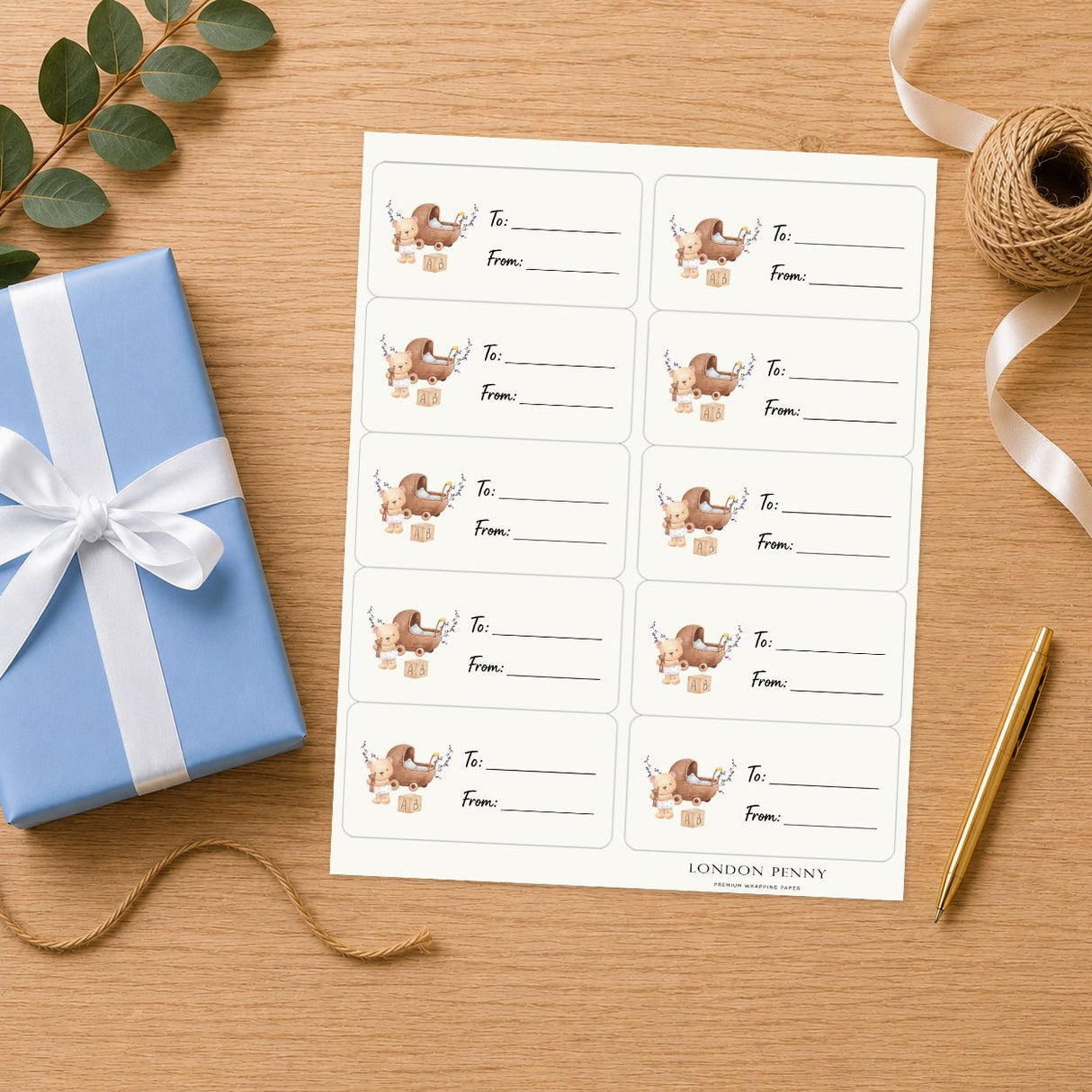 Welcome Baby Bear Gift Tag Sticker Sheet - London Penny Gift Wrap
