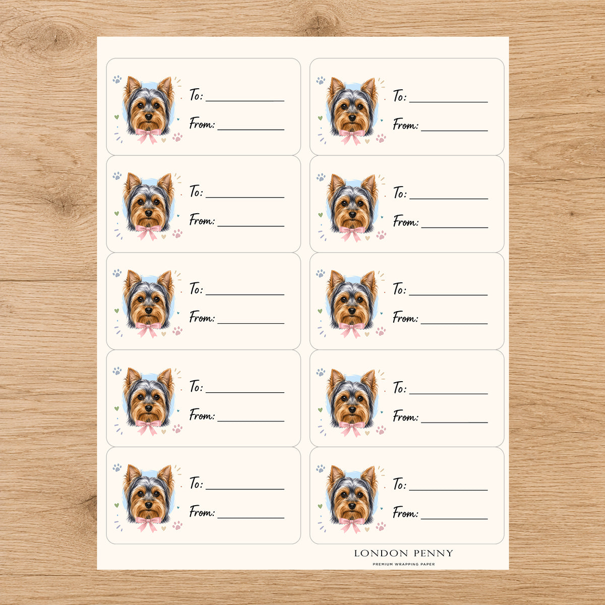 Yorkshire Terrier Paws & Bows Gift Tag Sticker Sheet
