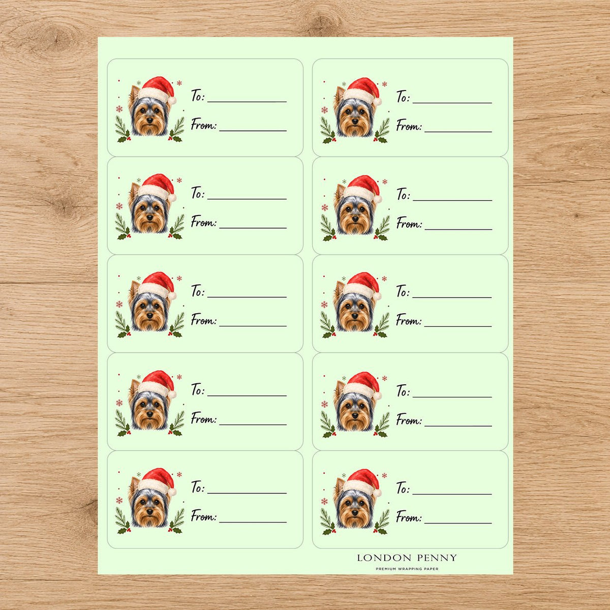 Yorkshire Terrier Santa Paws Gift Tag Sticker Sheet - London Penny Gift Wrap