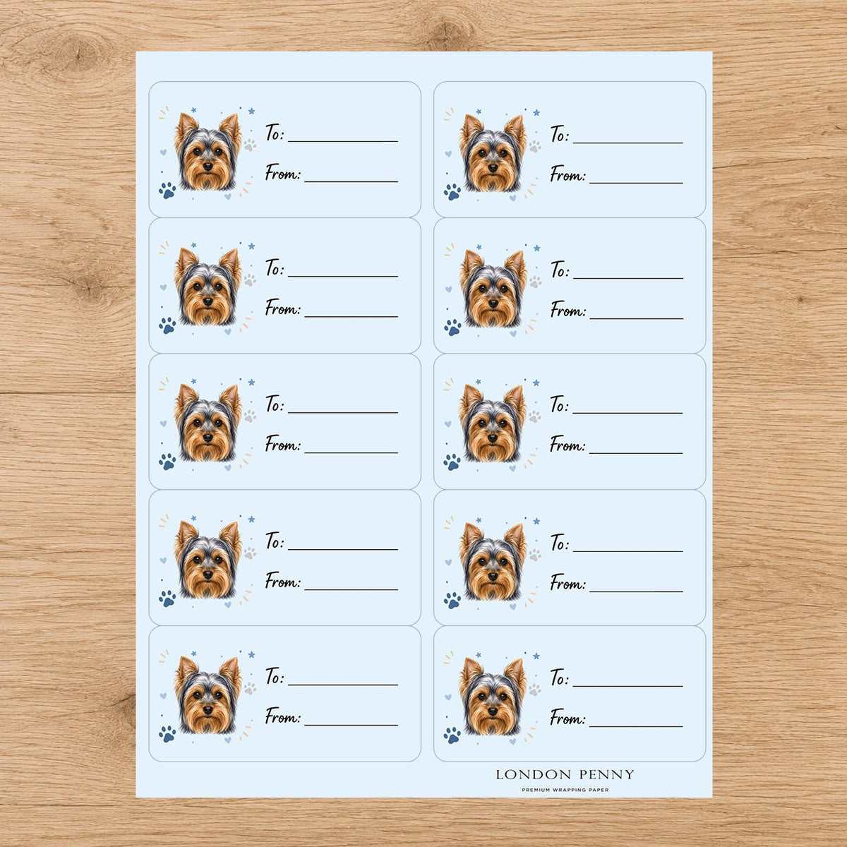 Yorkshire Terrier Pawprint Wishes Gift Tag Sticker Sheet - London Penny Gift Wrap