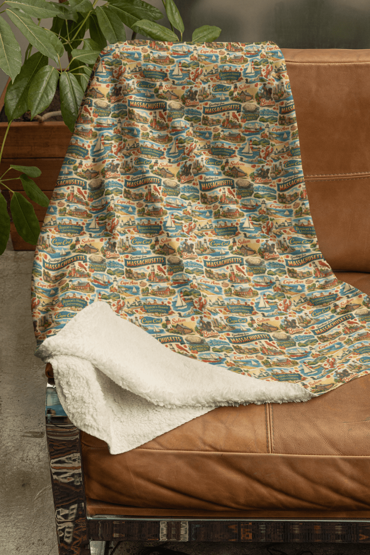 Massachusetts Postcard Memories Sherpa Blanket - London Penny Gift Wrap
