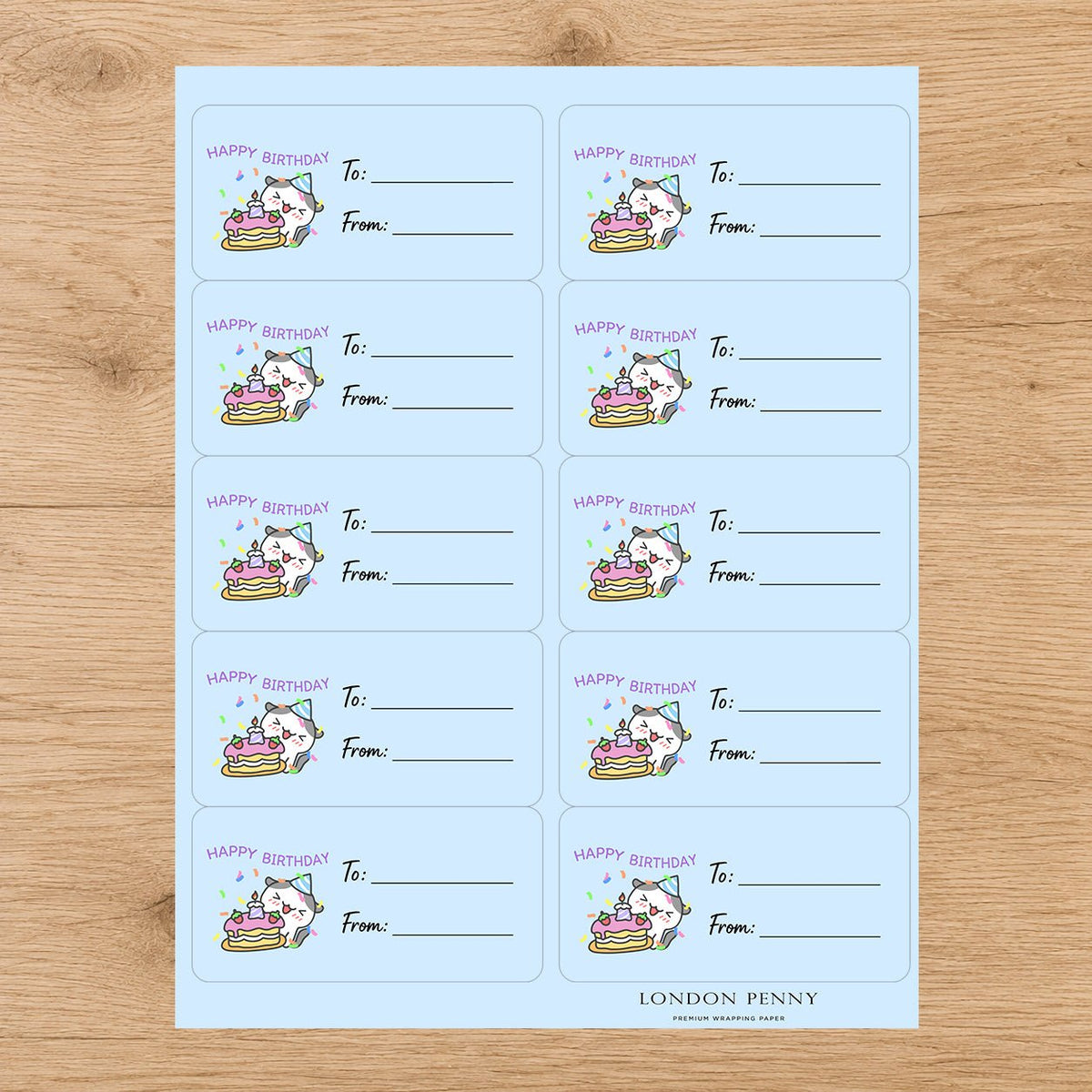 Whiskers & Birthday Wishes Gift Tag Sticker Sheet - London Penny Gift Wrap