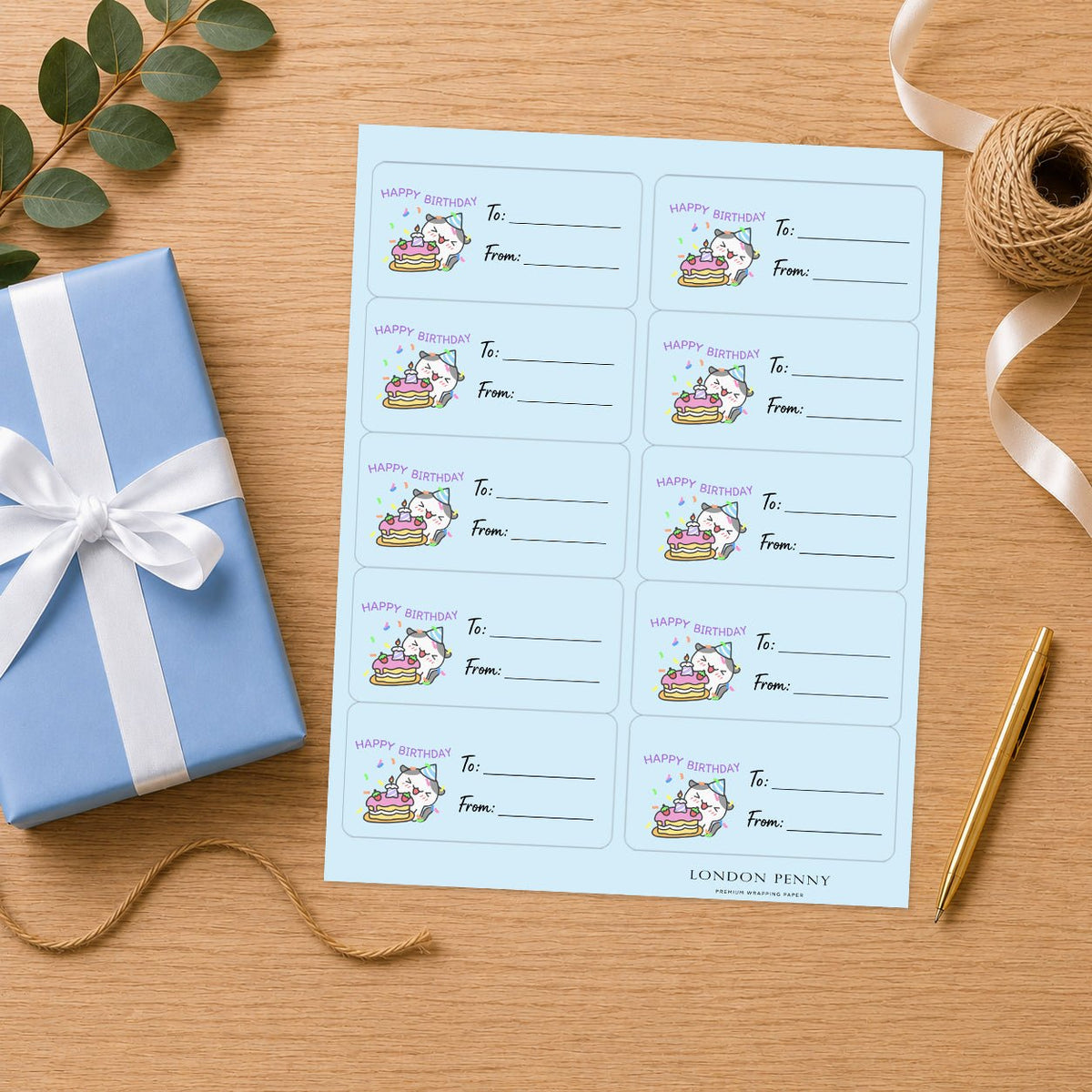 Whiskers & Birthday Wishes Gift Tag Sticker Sheet - London Penny Gift Wrap
