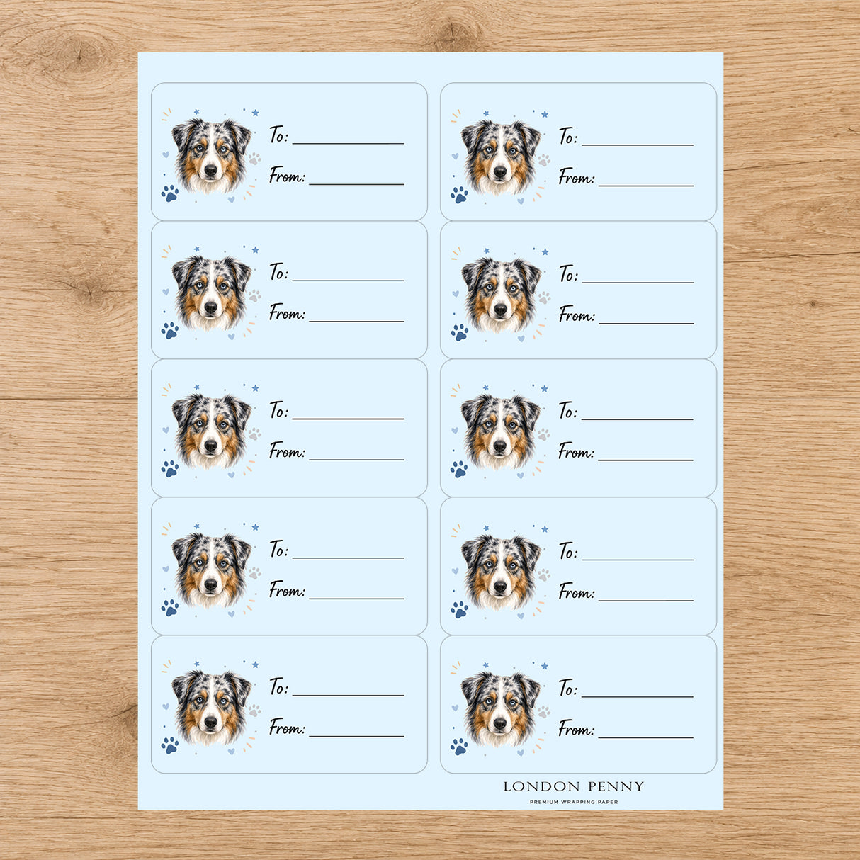 Australian Shepherd  Pawprint Wishes Gift Tag Sticker Sheet
