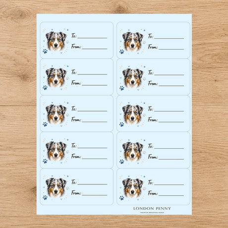 Australian Shepherd Pawprint Wishes Gift Tag Sticker Sheet - London Penny Gift Wrap