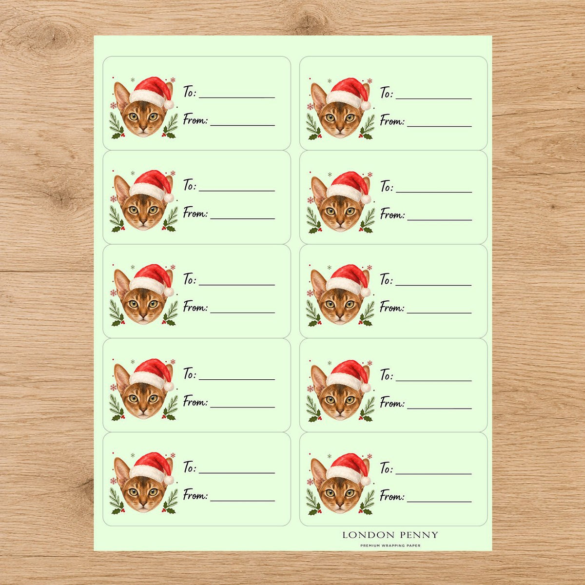 Abyssinian Santa Paws Gift Tag Sticker Sheet - London Penny Gift Wrap