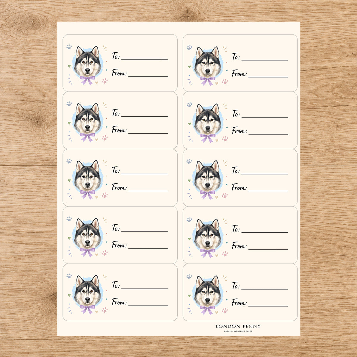 Alaskan Husky Paws & Bows Gift Tag Sticker Sheet