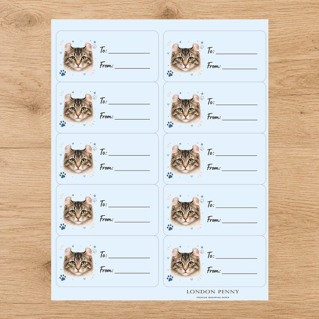 American Curl Pawprint Wishes Gift Tag Sticker Sheet - London Penny Gift Wrap