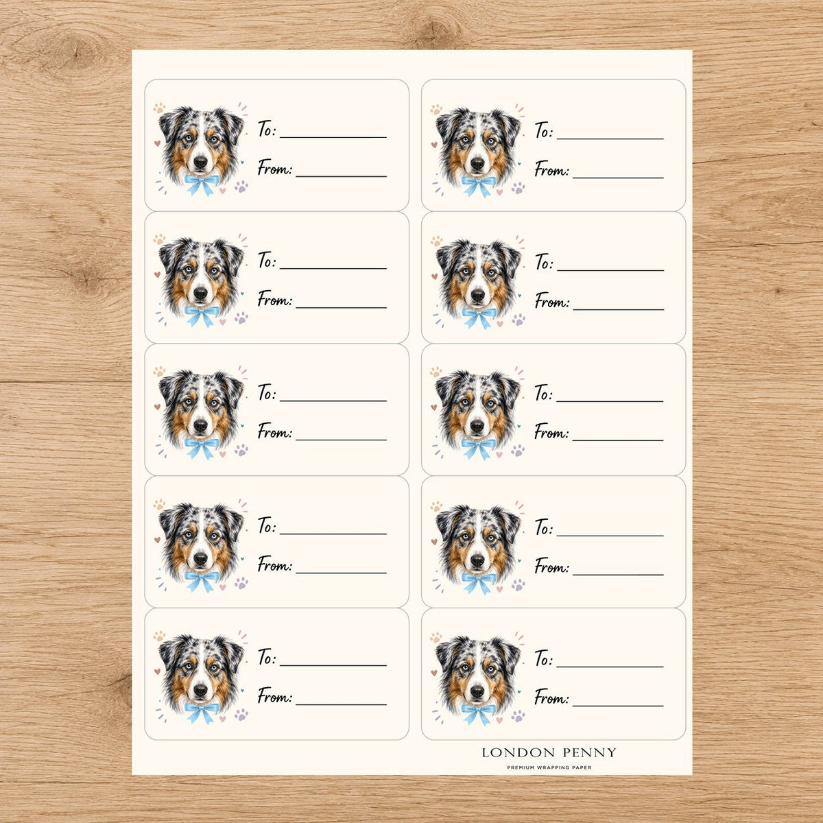 Australian Shepherd Paws & Bows Gift Tag Sticker Sheet - London Penny Gift Wrap