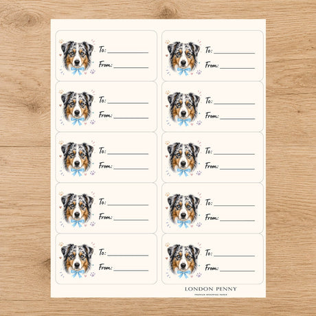 Australian Shepherd Paws & Bows Gift Tag Sticker Sheet - London Penny Gift Wrap