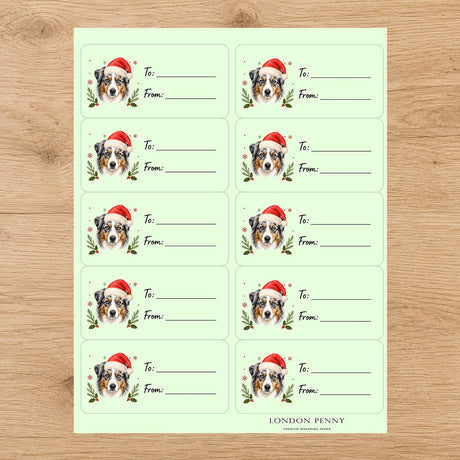 Australian-Shepherd Santa Paws Gift Tag Sticker Sheet - London Penny Gift Wrap