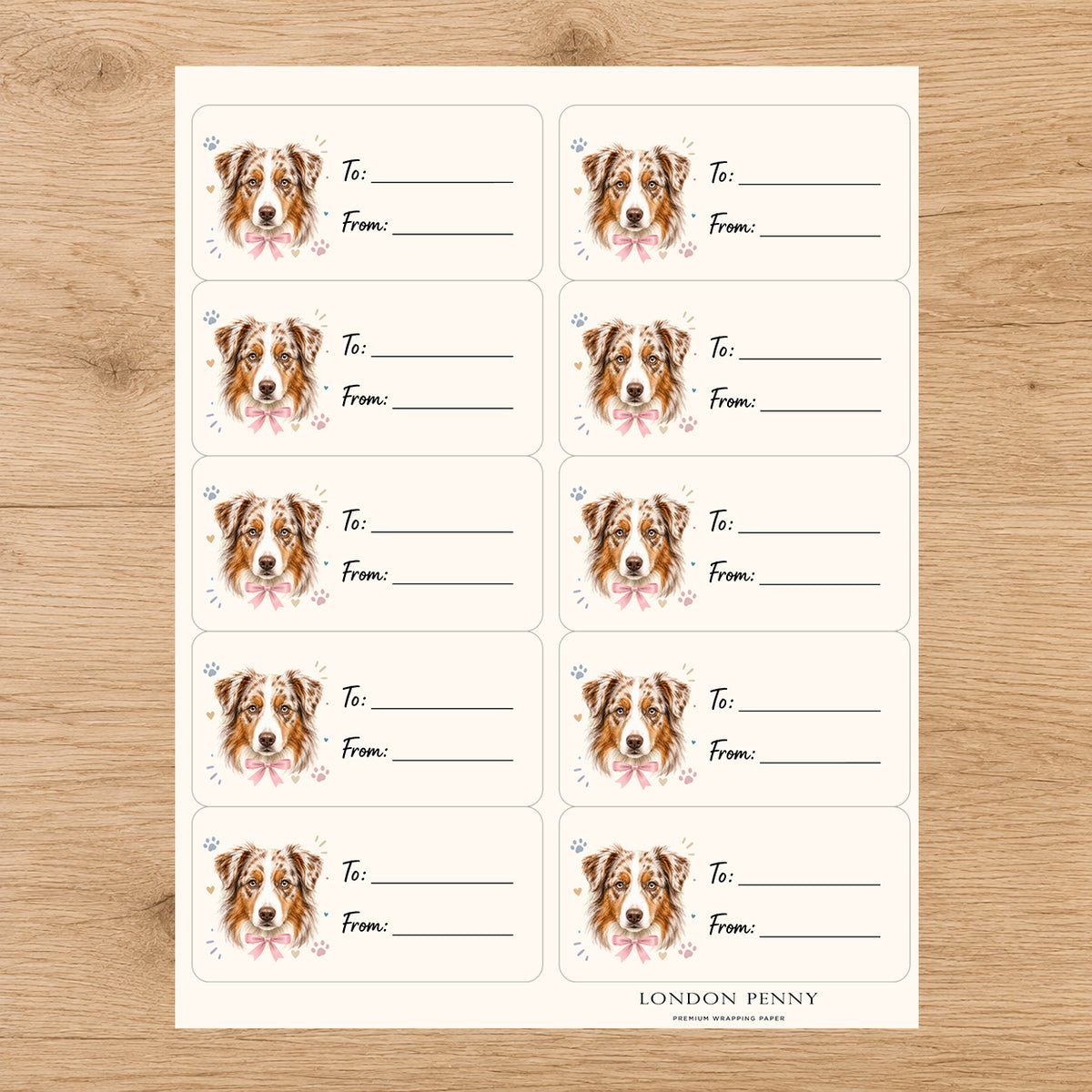 Australian Shepherd Paws & Bows Gift Tag Sticker Sheet