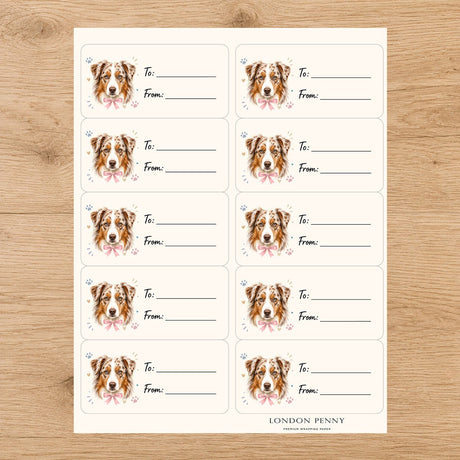 Australian Shepherd Paws & Bows Gift Tag Sticker Sheet - London Penny Gift Wrap