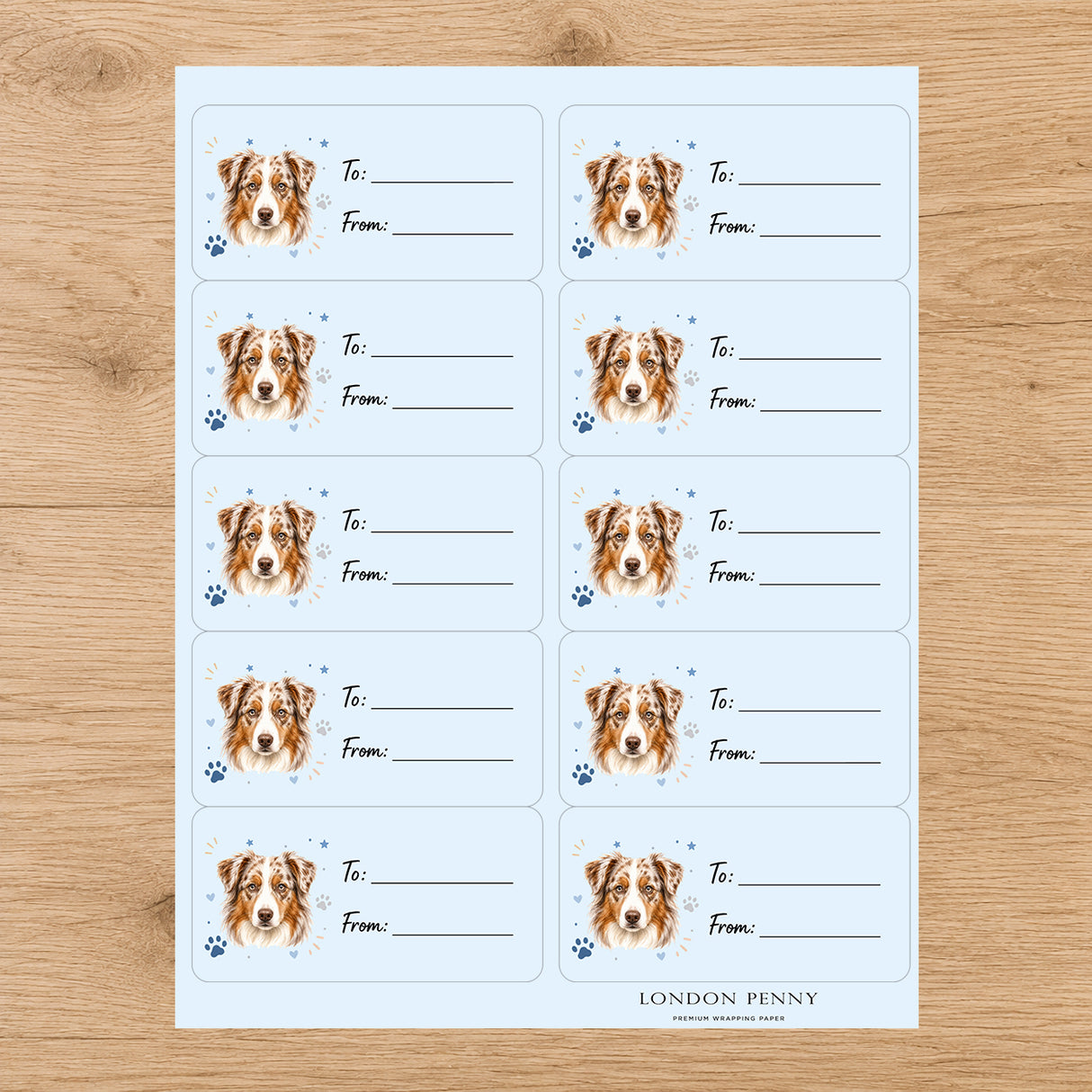 Australian Shepherd  Pawprint Wishes Gift Tag Sticker Sheet
