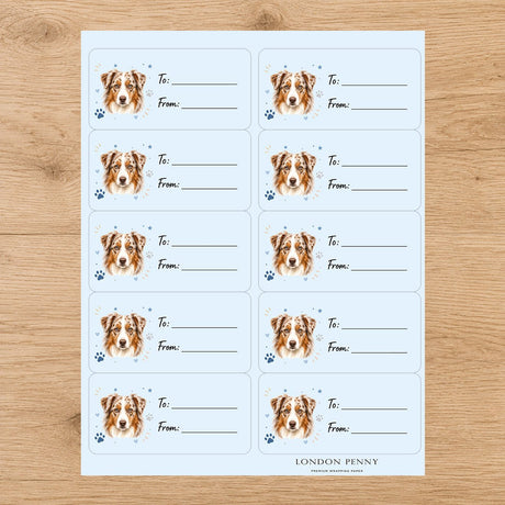 Australian Shepherd Pawprint Wishes Gift Tag Sticker Sheet - London Penny Gift Wrap