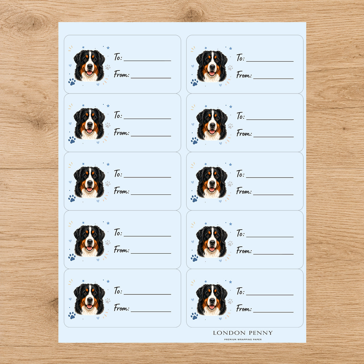 Bernese Mountain Dog  Pawprint Wishes Gift Tag Sticker Sheet
