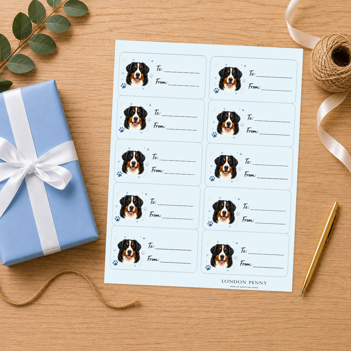 Bernese Mountain Dog  Pawprint Wishes Gift Tag Sticker Sheet