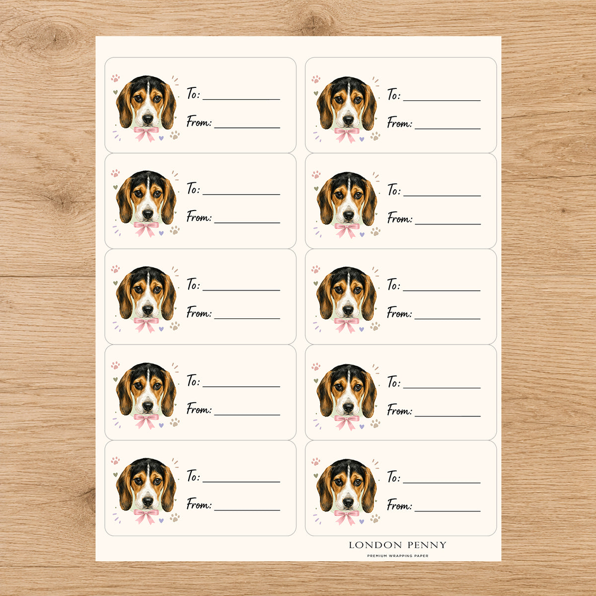 Beagle Paws & Bows Gift Tag Sticker Sheet