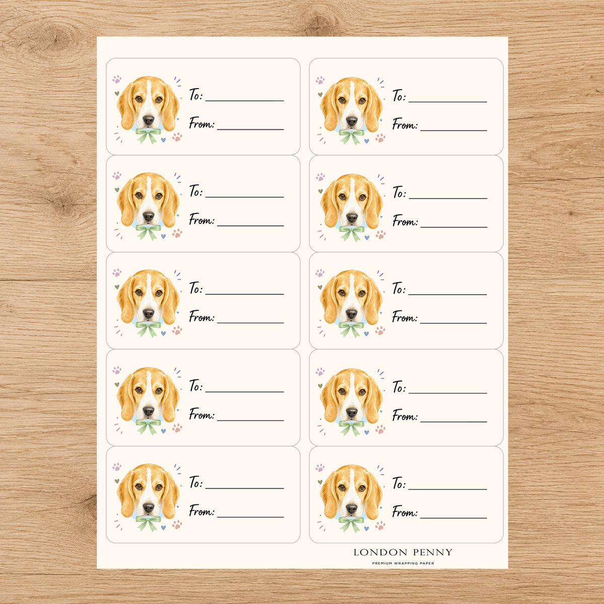 Beagle Paws & Bows Gift Tag Sticker Sheet