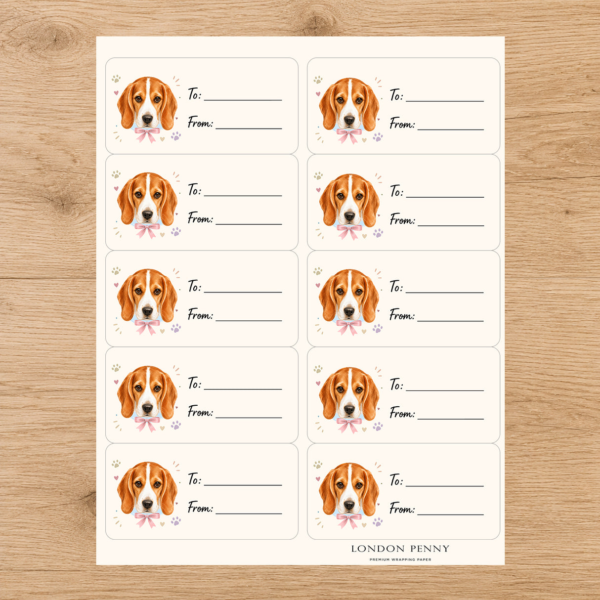 Beagle Paws & Bows Gift Tag Sticker Sheet
