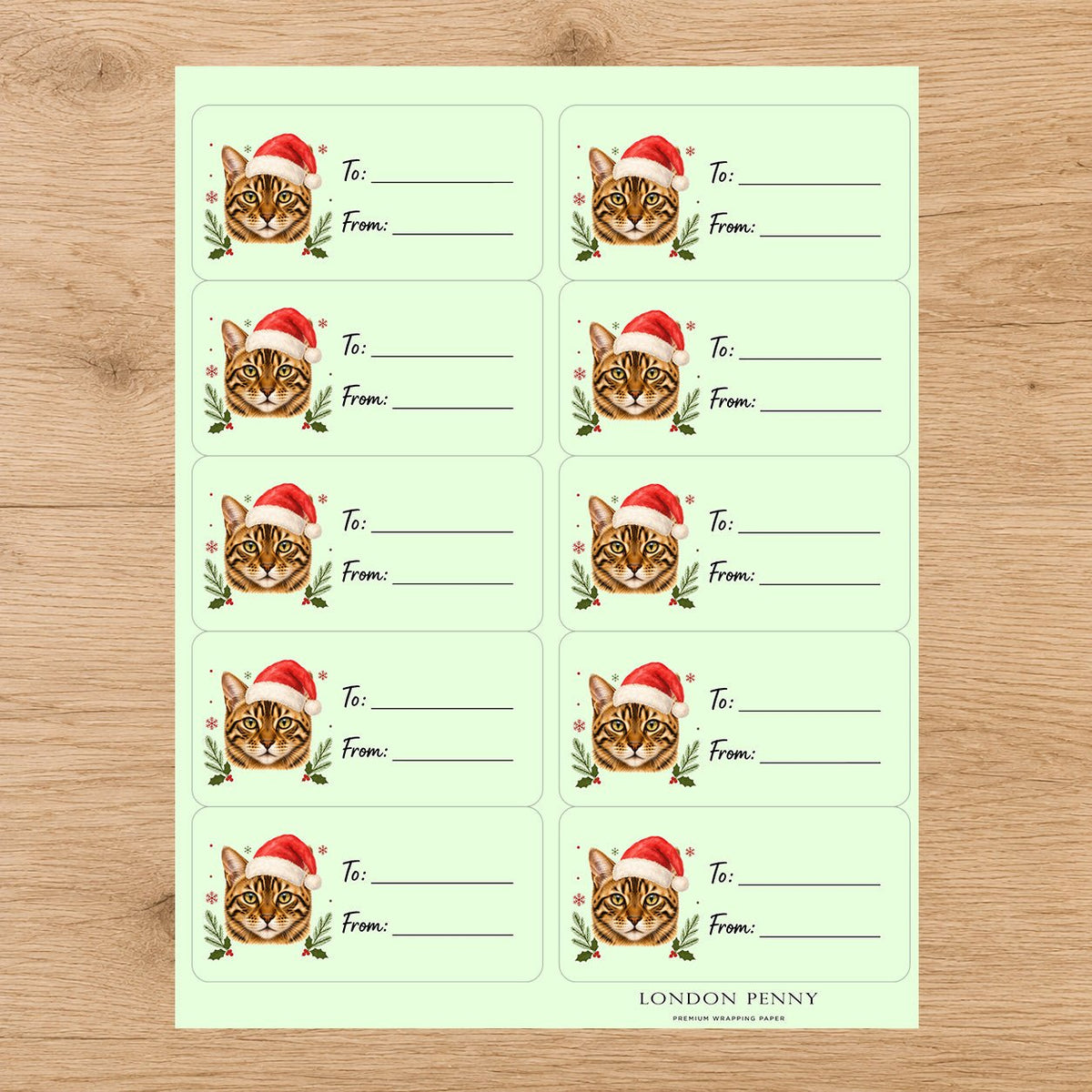 Bengal Santa Paws Gift Tag Sticker Sheet - London Penny Gift Wrap