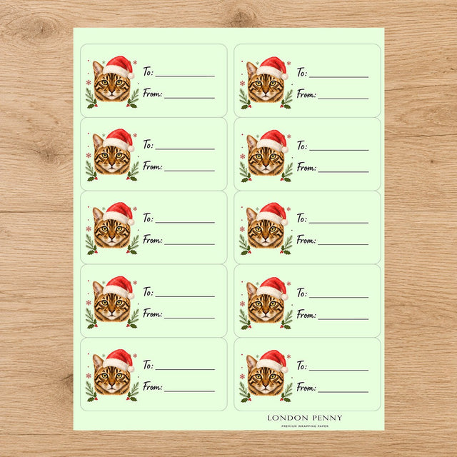 Bengal Santa Paws Gift Tag Sticker Sheet - London Penny Gift Wrap