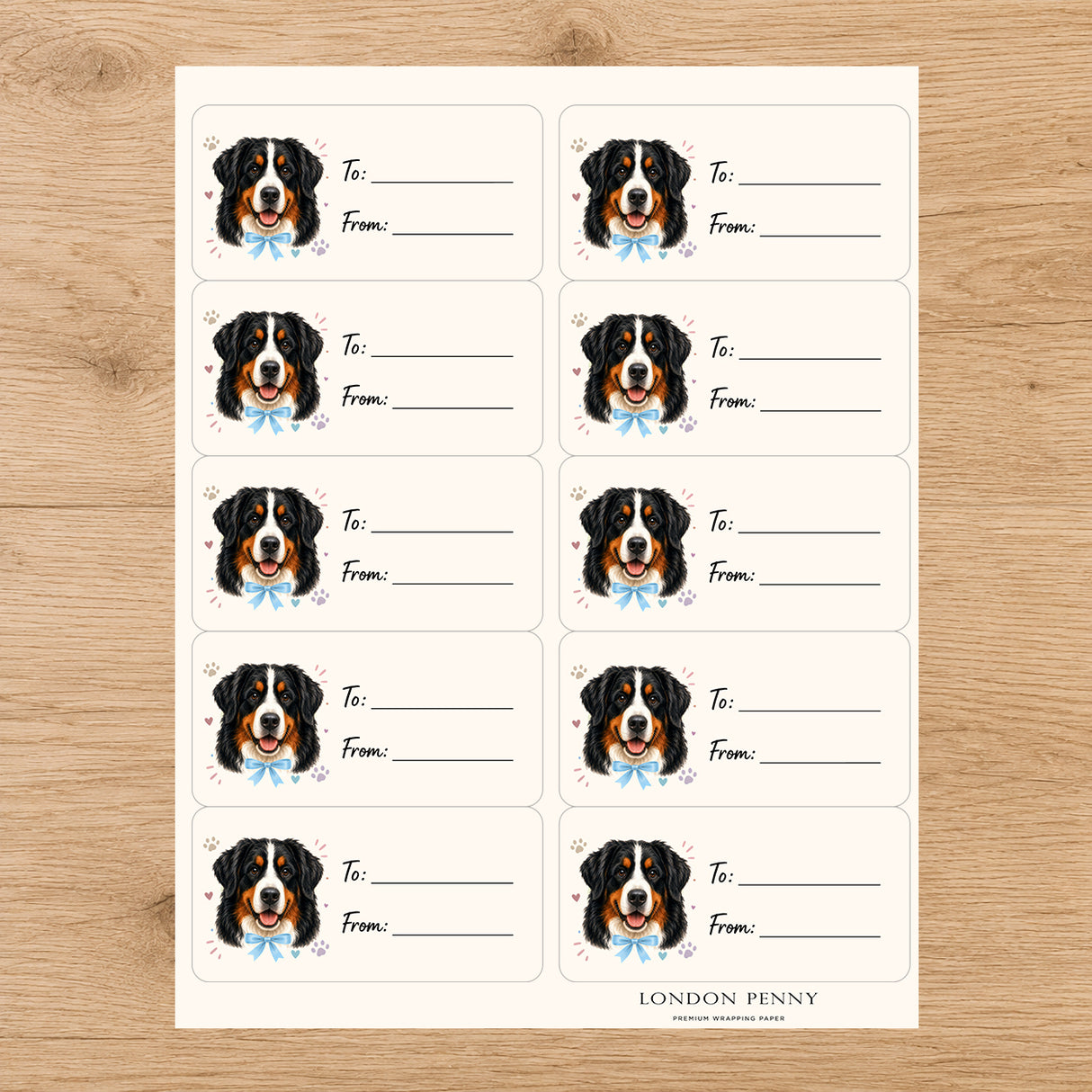 Bernese Mountain Dog Paws & Bows Gift Tag Sticker Sheet