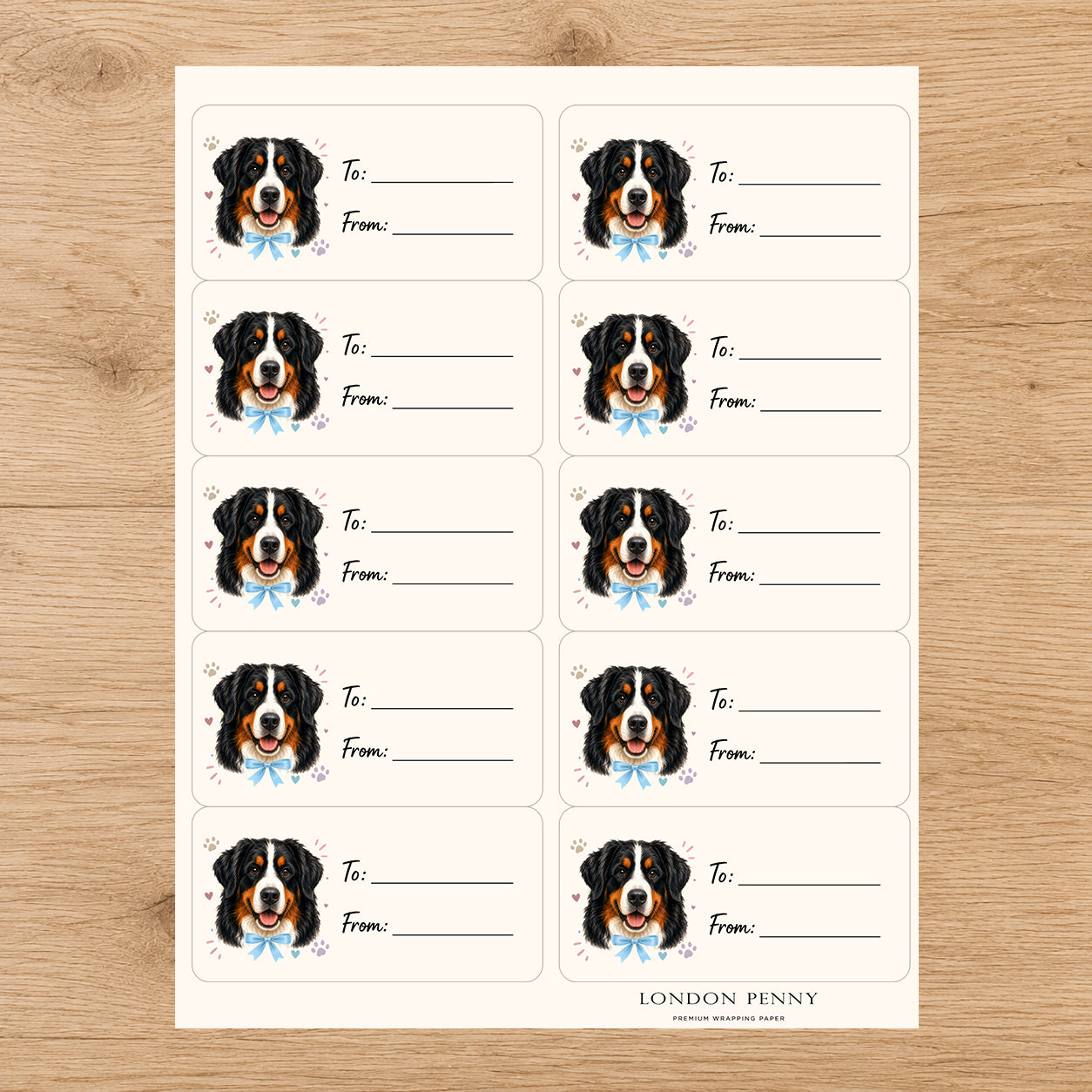 Bernese Mountain Dog Paws & Bows Gift Tag Sticker Sheet