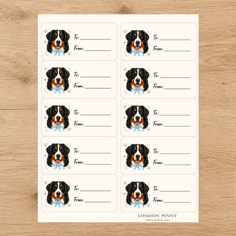 Bernese Mountain Dog Paws & Bows Gift Tag Sticker Sheet - London Penny Gift Wrap