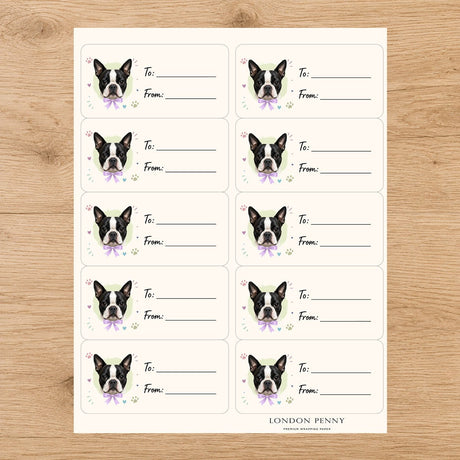 Boston Terrier Paws & Bows Gift Tag Sticker Sheet - London Penny Gift Wrap