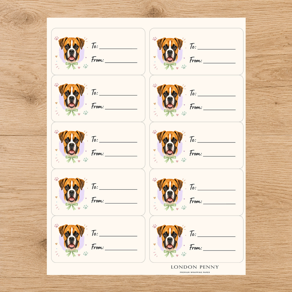 Boxer Paws & Bows Gift Tag Sticker Sheet