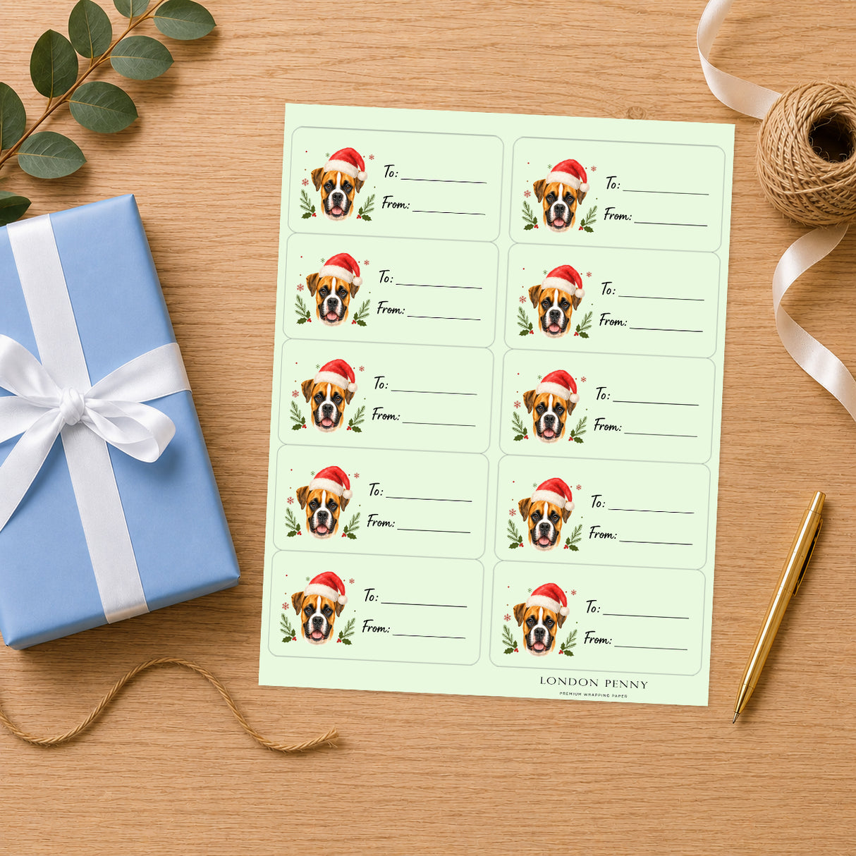 Boxer Santa Paws Gift Tag Sticker Sheet